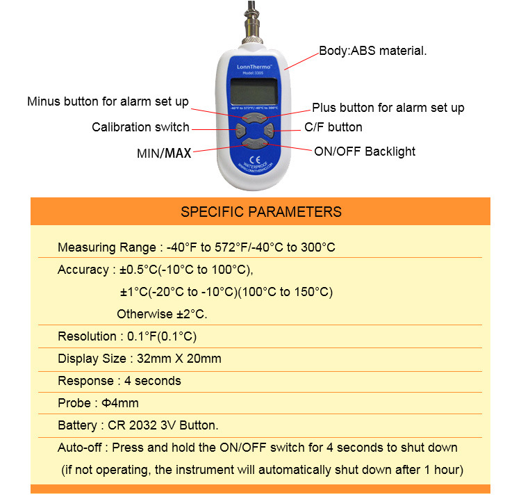 -50 to 300c Laboratory Long Stem Digital Thermometer with High Accuracy for Food Industry