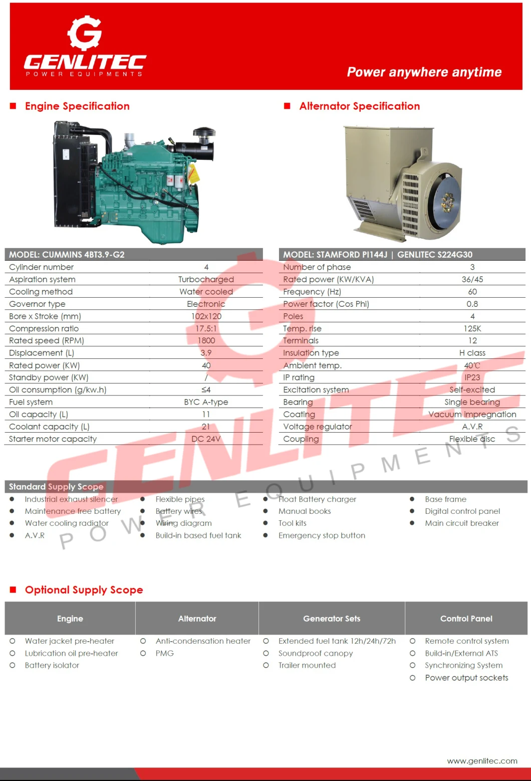 OEM Factory 120/208V Cummins Engine Diesel Generator Set 50kVA 40kw Maximum Output