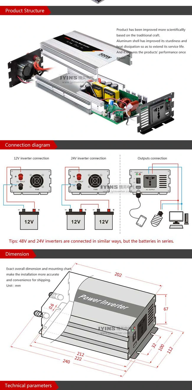 0.5kw/500W 12V/24V/48V DC to AC 100V/110V/120V Solar Power Inverter