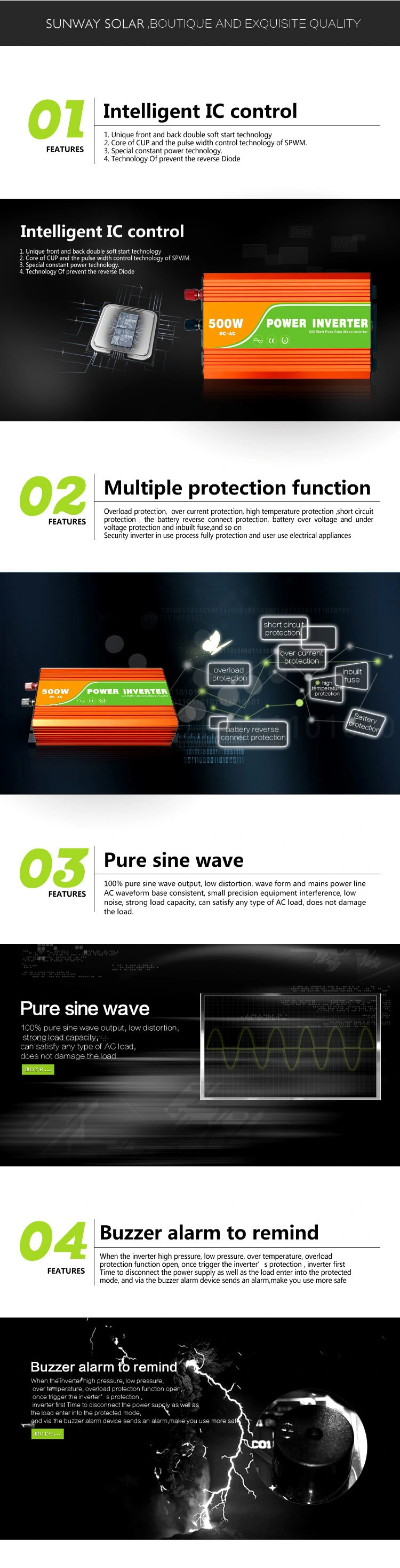Pure Sine Wave Solar Inverter 12V 220V 500W for Solar Power System 1000W