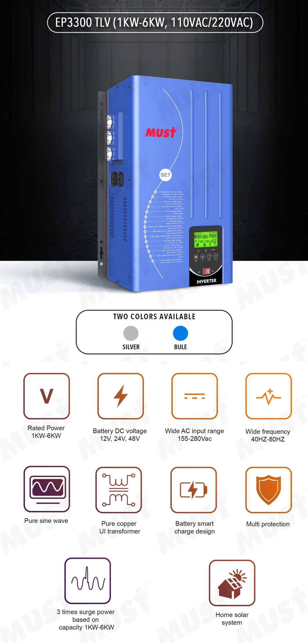 Must off Grid Solar Energy System Split Phase 120/240VAC Two Voltage Output Inverter