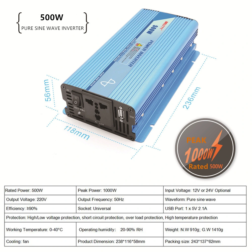Pure Sine Wave 500W Solar Power Inverter (QW-P500)