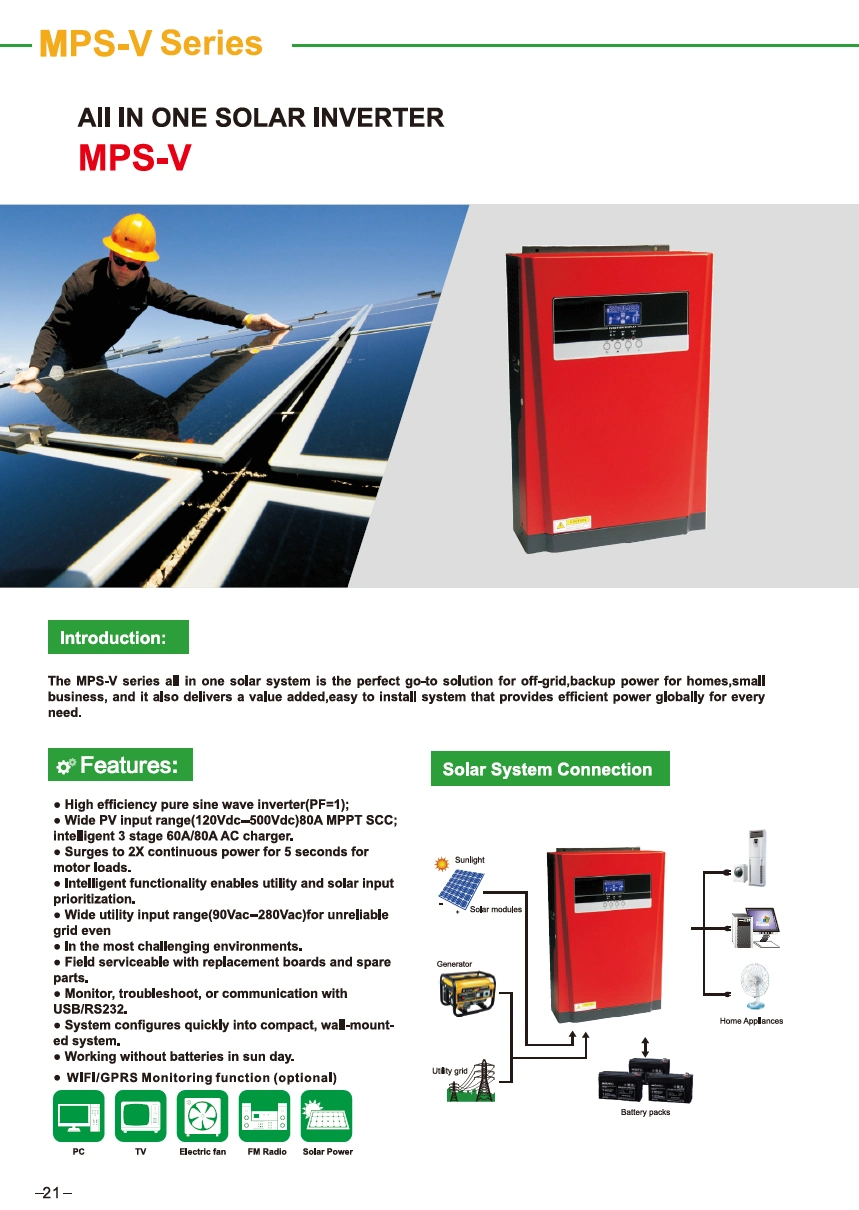 5000va 5000W Solar Power Inverter with High Efficiency with 120VDC to 500VDC Wide Range Input Voltage with PV/AC Model Optional