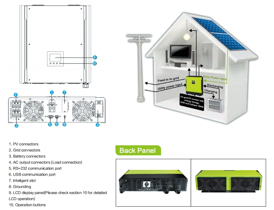 Three Phase Home Inverter 10kw Hybrid Solar Power Inverter with MPPT Controller