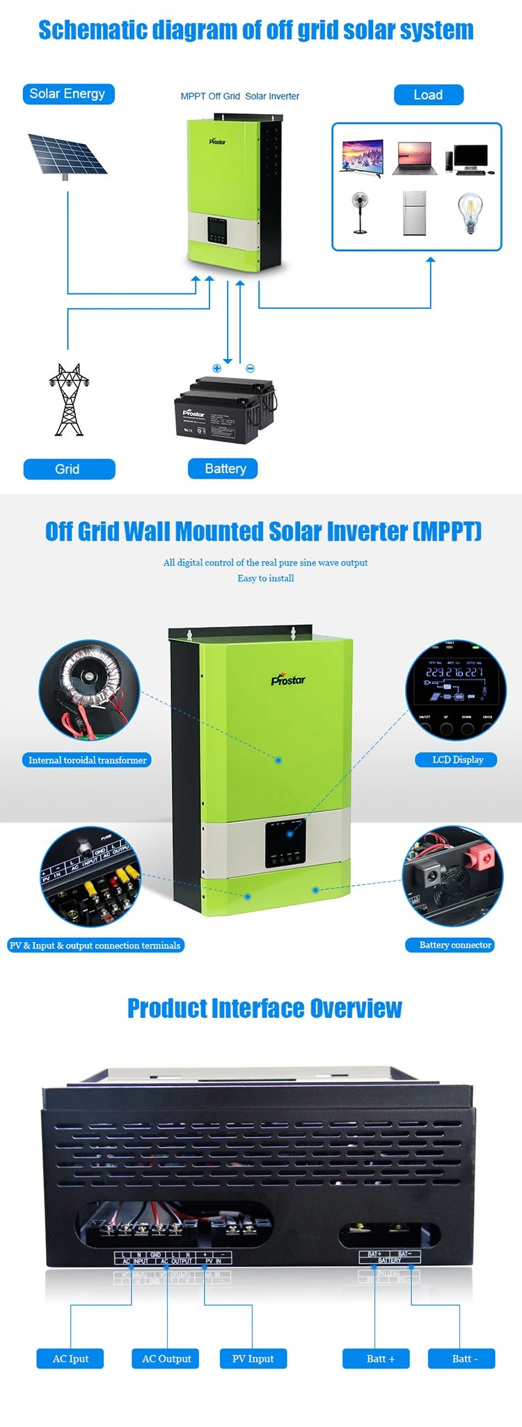 Wall Mounted 5kw/5000W 48V Solar Inverter with AC Charger and 60A MPPT Solar Charger