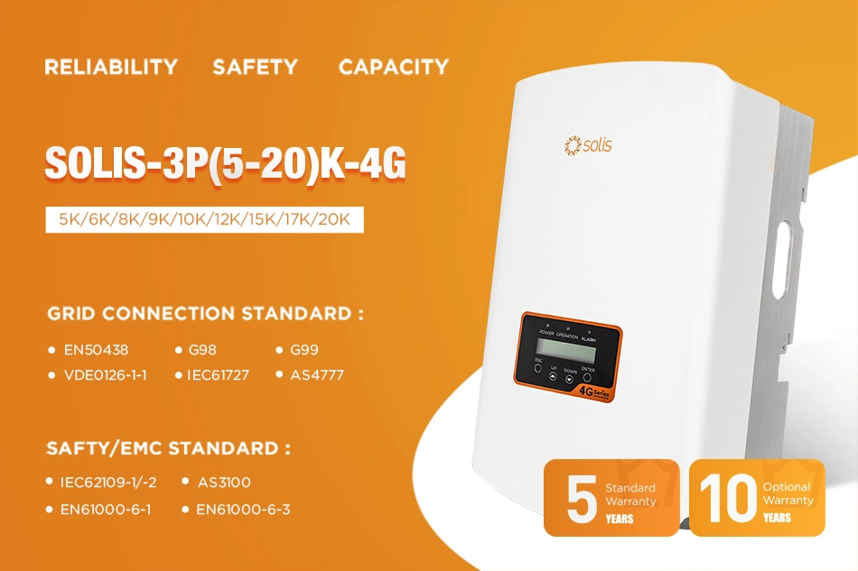 Solis PV Grid Tie Home Inverter 10kw 20kw 30kw 40kw 6kw Grid-Tied Commercial on Grid Solar Inverter 5 Years Warranty