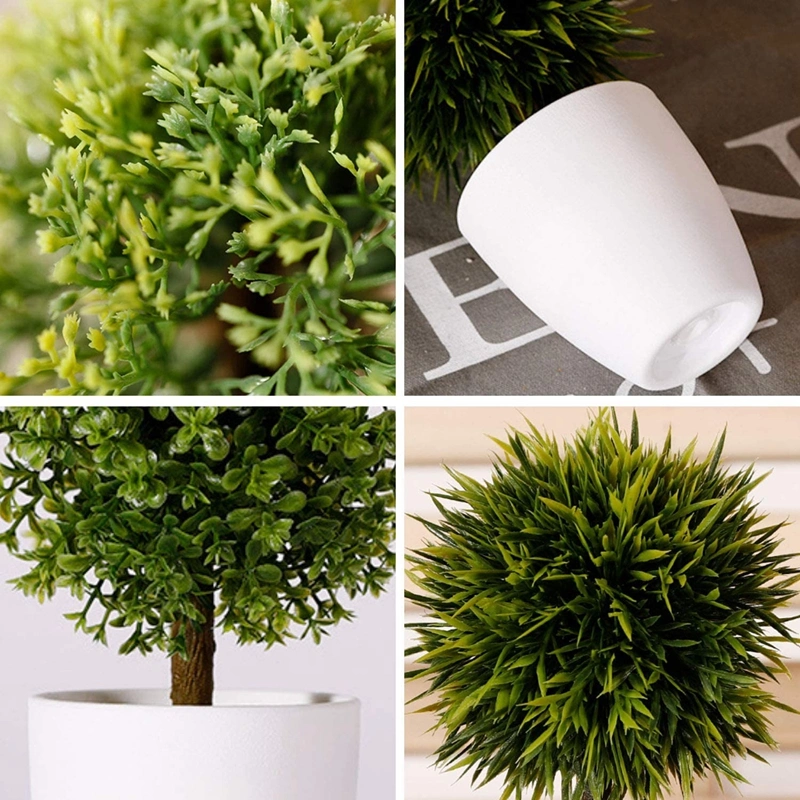 Artificial Plants Potted Artificial Boxwood Topiary Tree Artificial Ball Shaped Tree Fake Fresh Green Grass Flower Plant in White Plastic Pot for Decor Set -3