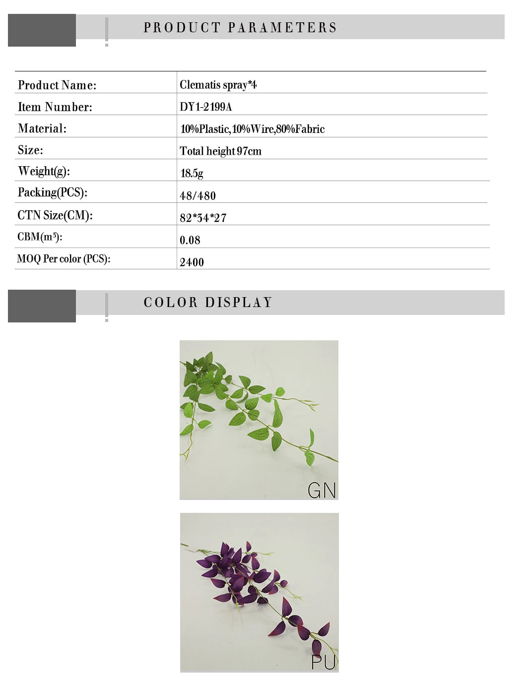 Artificial Grass Price Clematis Spray Decorations Dy1-2199A