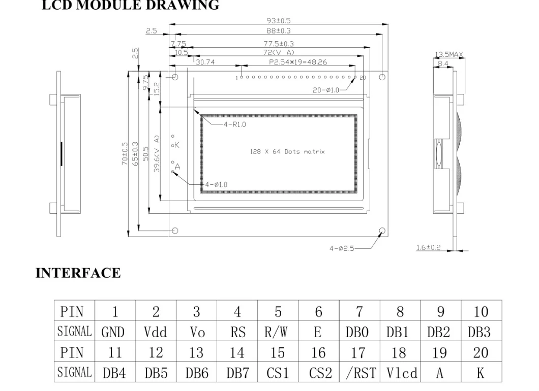 Blue DOT-Matrix Graphic COB Cog 128X64 Graphic LCD Module