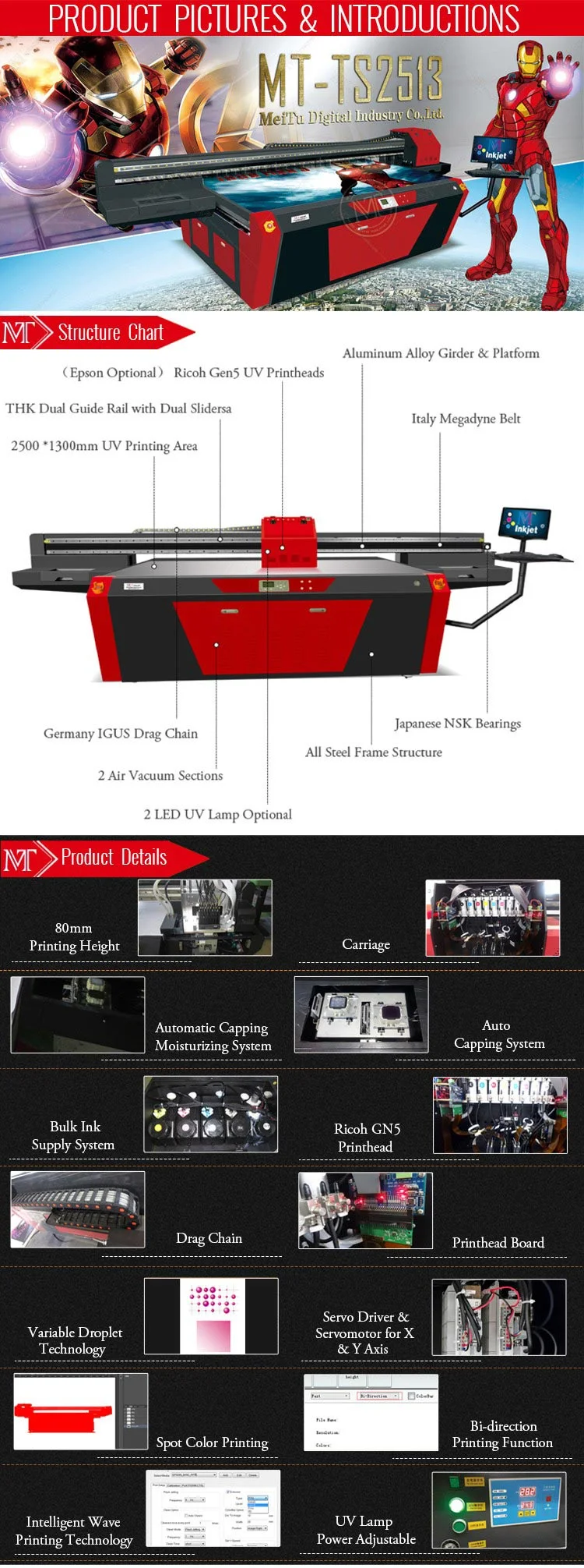 Mt-Ts2513 China Printer Manufacturer Dx5 Print Heads UV Flatbed Printer Digital Printer UV Printer