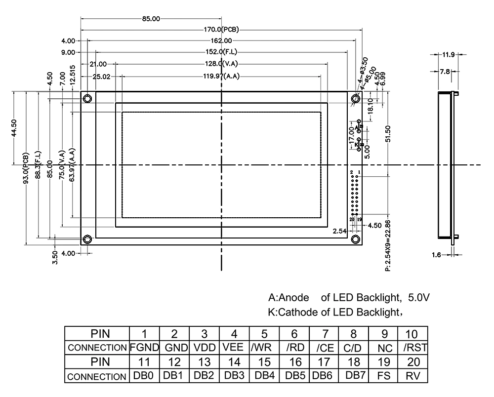 20-Pin 8-Bit Parallel Uci6963 Control Monochrome Graphics DOT Matrix 240128 LCD Display Module