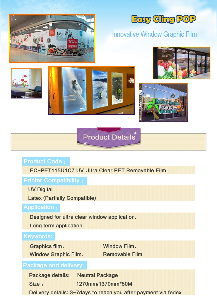 UV Printing Ec-Pet115u1c7 Glass Sticker One Way Vision for Sign and Advertising Graphic Film