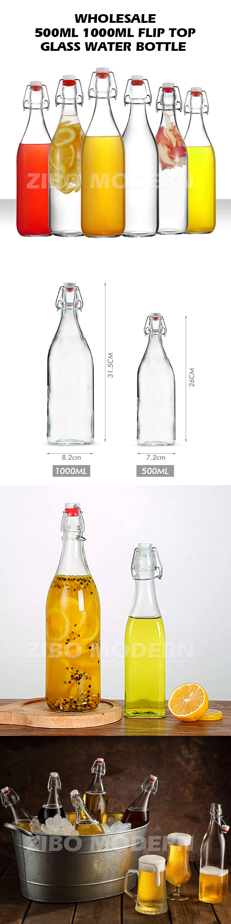 Wholesale Clear 500ml 1000ml Swing Top 1L Glass Water Bottle for Beverages Oil Vinegar
