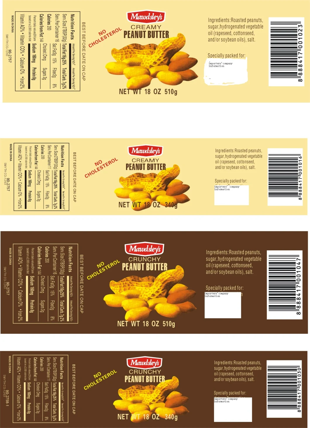 Cheap Natural Creamy/Crunchy 227g/ 340g/510g Peanut Butter Peanut Butter