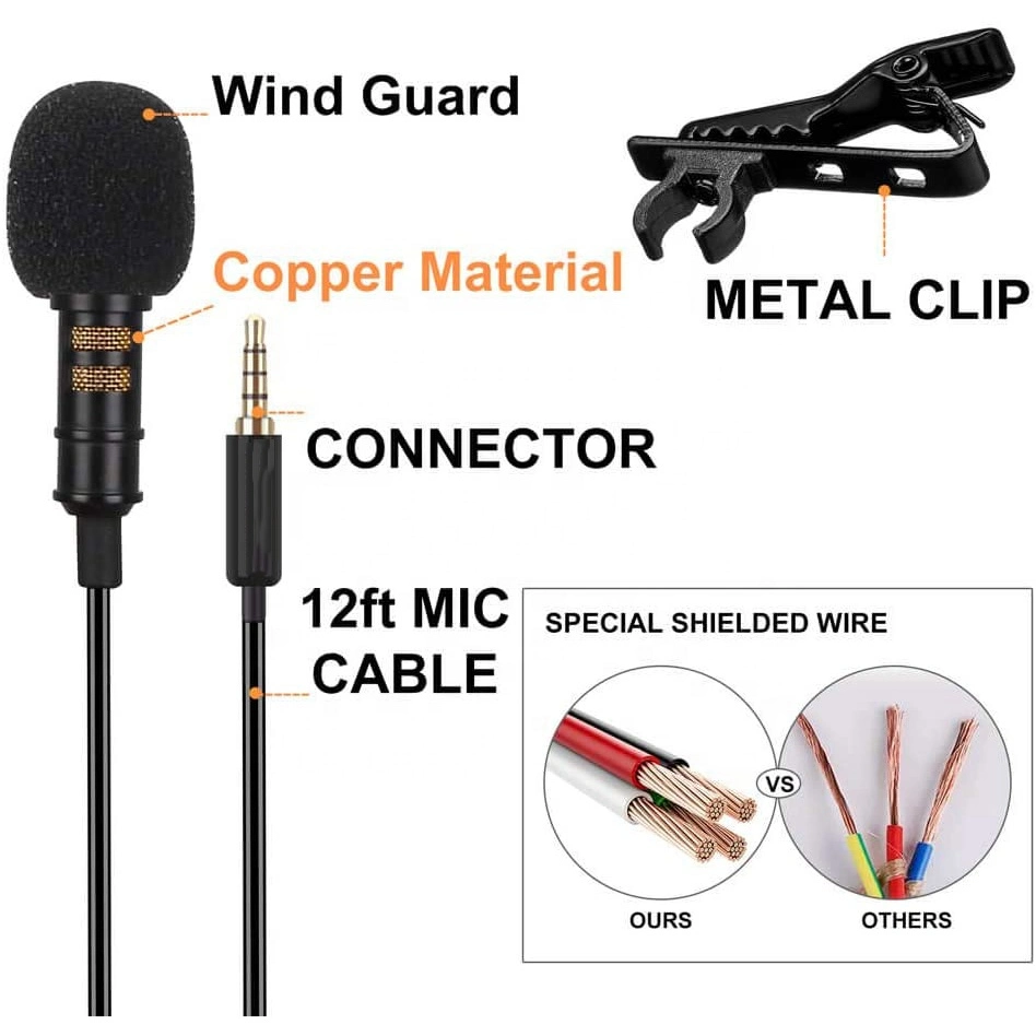 Mobile Lapel Collar Recording Lavalier Microphone for Phone with Cable