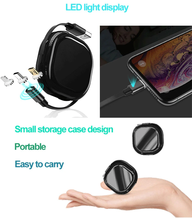 High Quality Mini Small Magnetic USB Charging Cable Automatic Extension Retractable Aluminium Phone Cable Reel