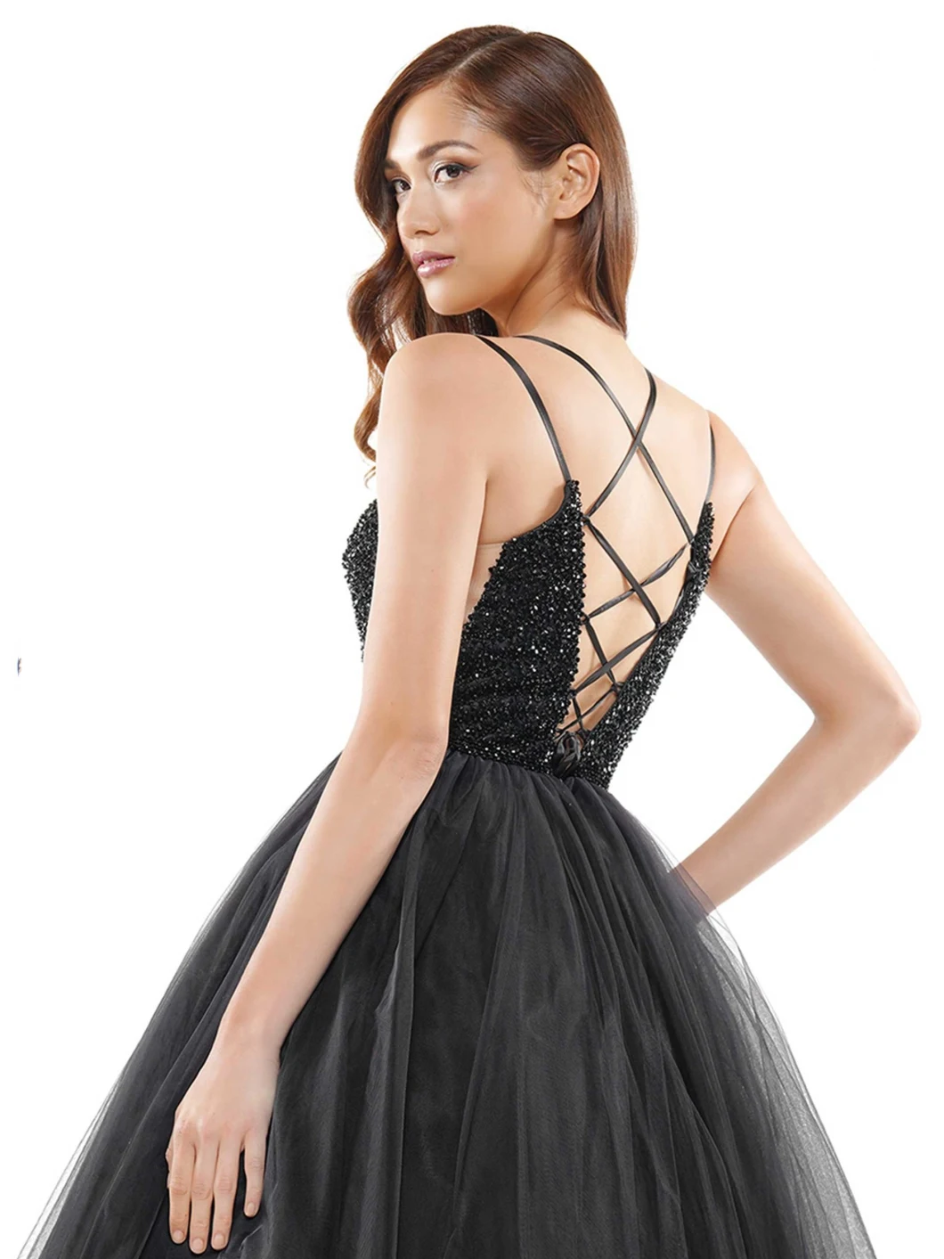 Luxury Beading Prom Dresses Tulle Black Cross Back Pocket Ball Gown Evening Dress