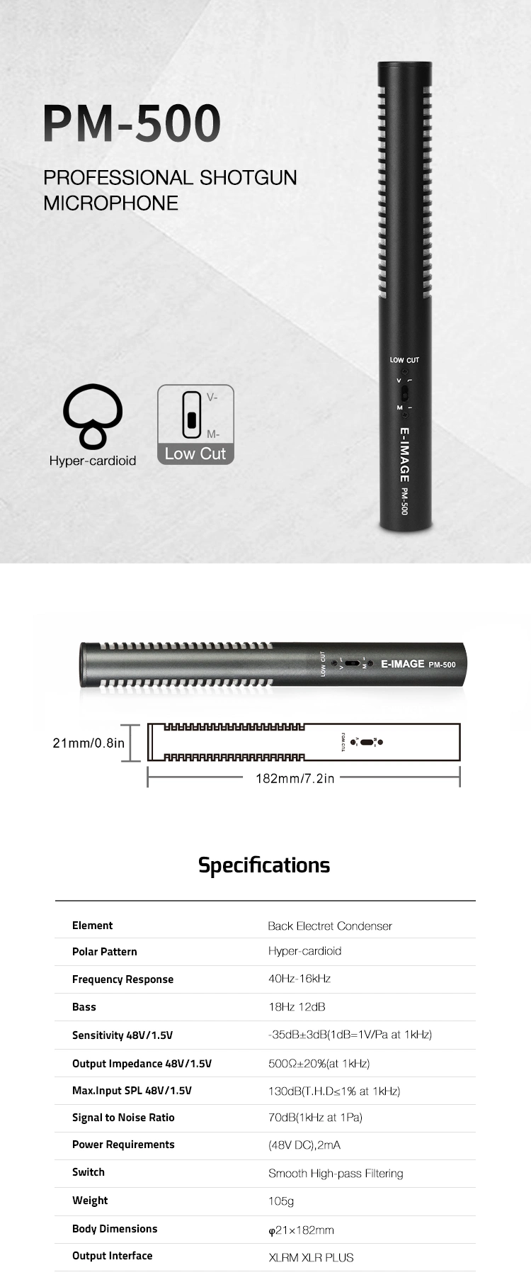 E-Image Hyper-Cardioid Directional Professional Condenser Shotgun Microphone (PM-500)