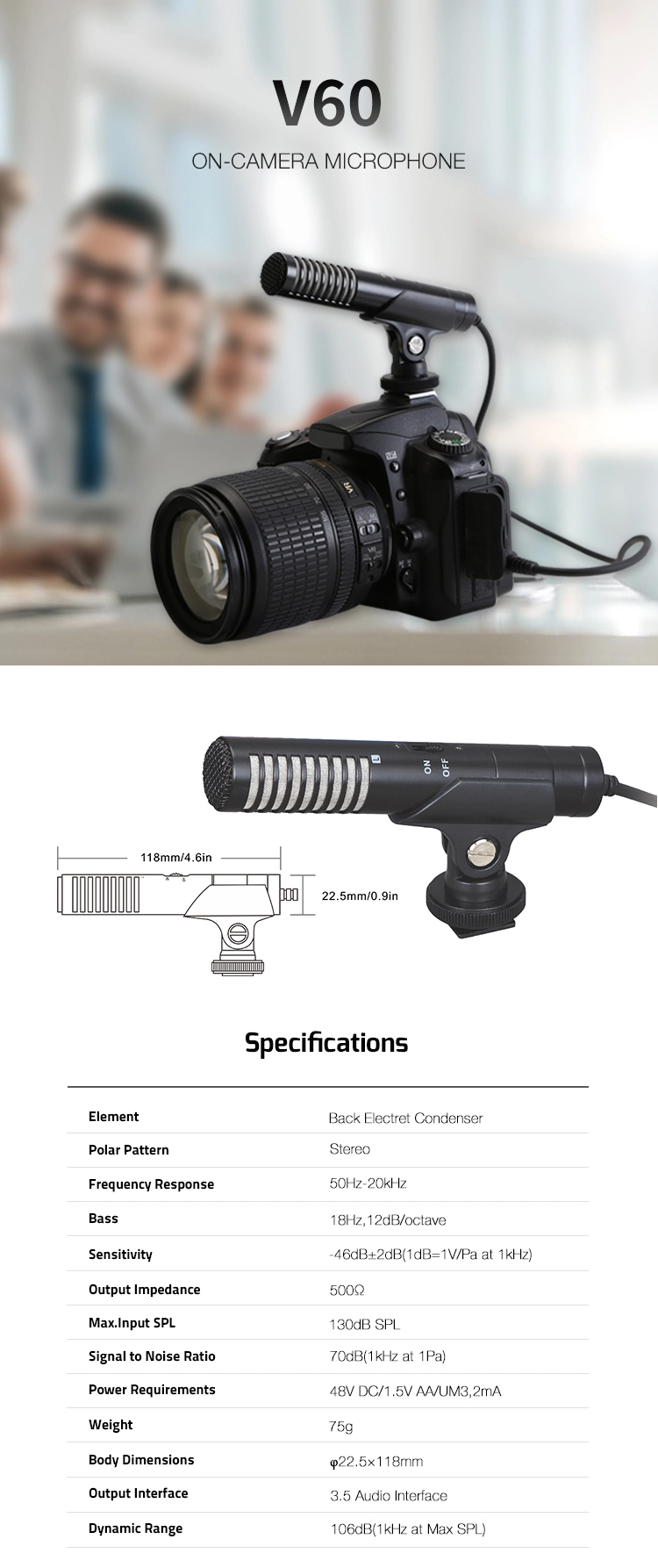 E-Image Professional on-Camera Stereo Microphone with 3.5mm Plug for DSLR Camera (V60)