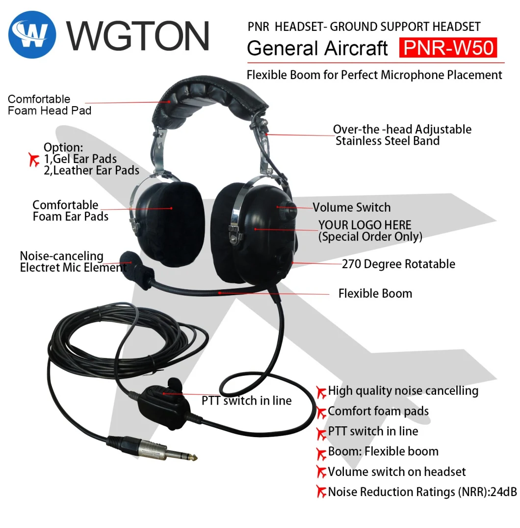 Communication Ground Support Headset with Ptt & Flexible Boom Microphone