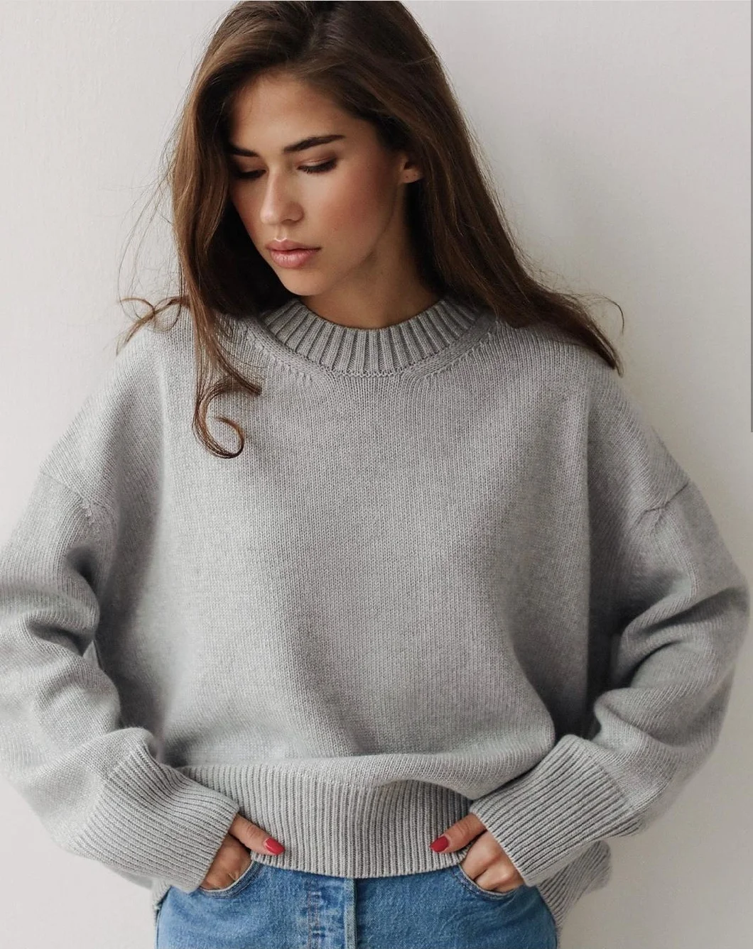 Womens Casual Solid Color Pullover Sweater Women Fall Rib Knit Long Sleeve Crew Neck Classic Sweater