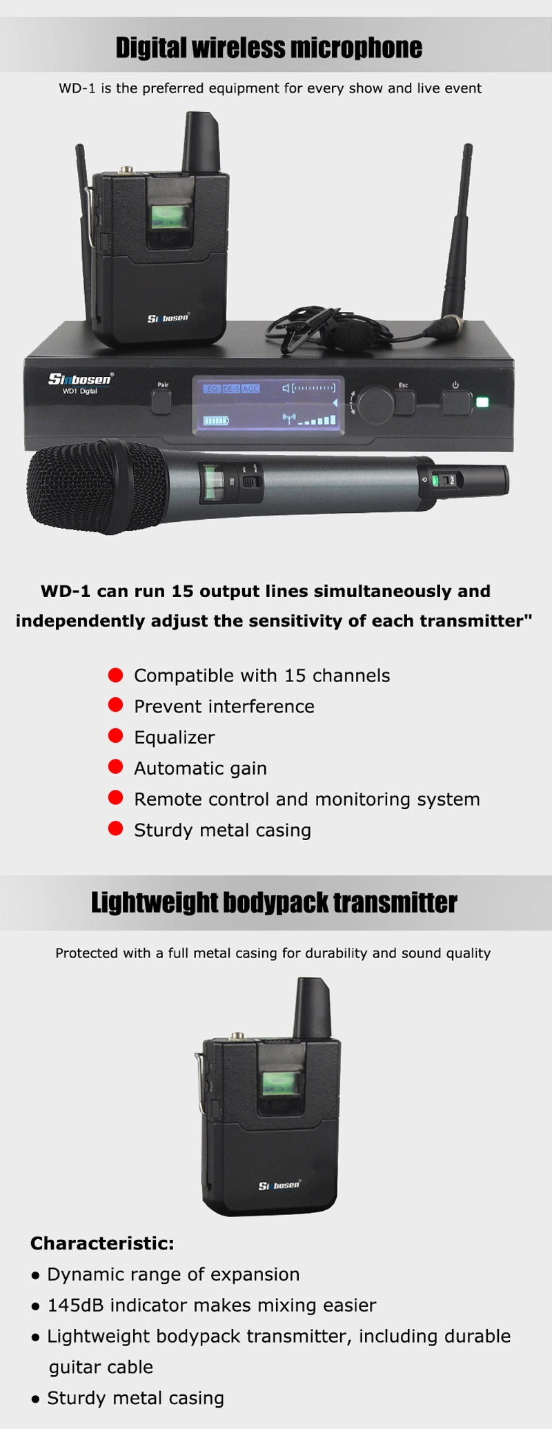 Professional Stage UHF Wireless Microphone with 1 Handheld Headset Collar Mic