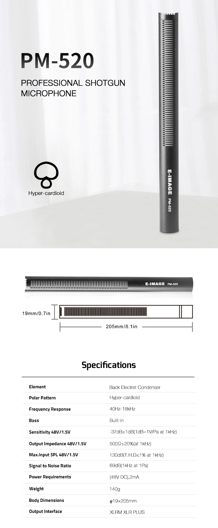 E-Image Super-Cardioid Directional Professional Condenser Shotgun Microphone (PM-520)