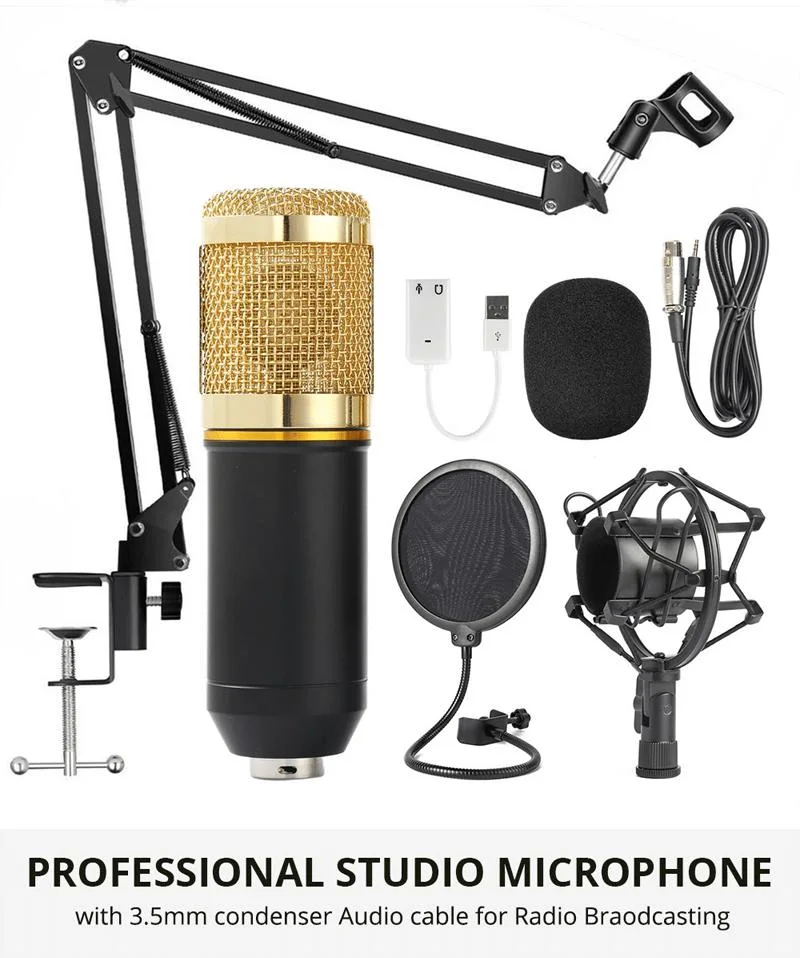 Bm-800 USB Condenser Wired Microphone Stand with Cable Pop Filter Wind Screen for Radio Broadcasting Studio Professional Condenser Microphone Set