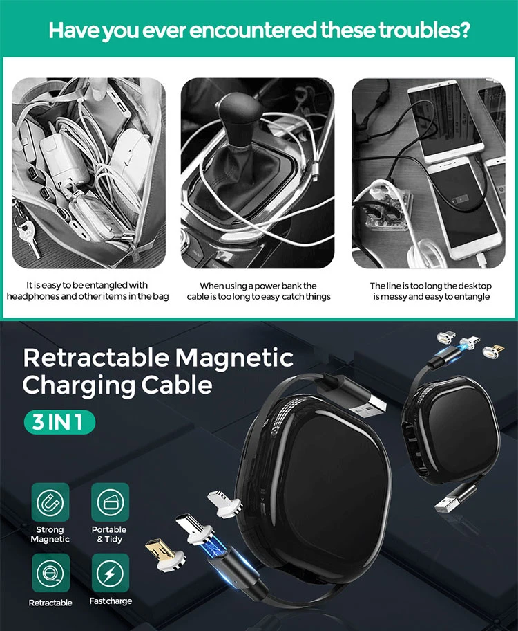 High Quality Mini Small Magnetic USB Charging Cable Automatic Extension Retractable Aluminium Phone Cable Reel
