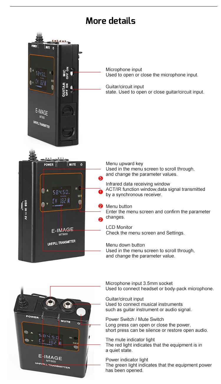 E-Image Professional UHF Metal Body Plug-Lavalier Body Pack Transmitter (MT-600)
