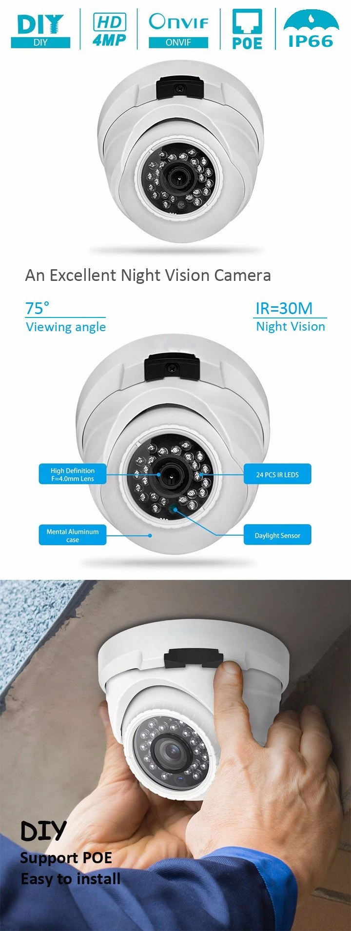 Waterproof 4MP CCTV Poe Security IP Camera with Mic