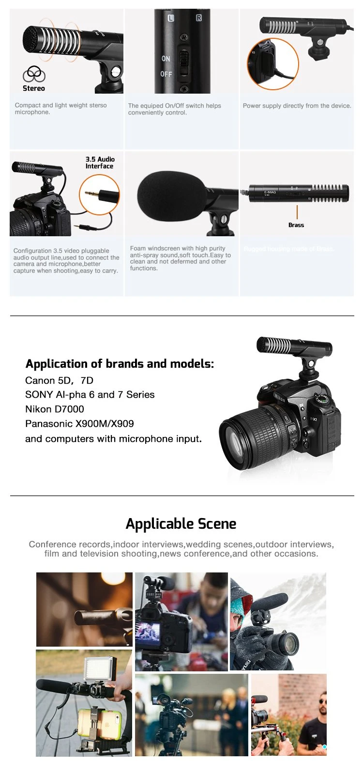 E-Image Professional on-Camera Stereo Microphone with 3.5mm Plug for DSLR Camera (V60)