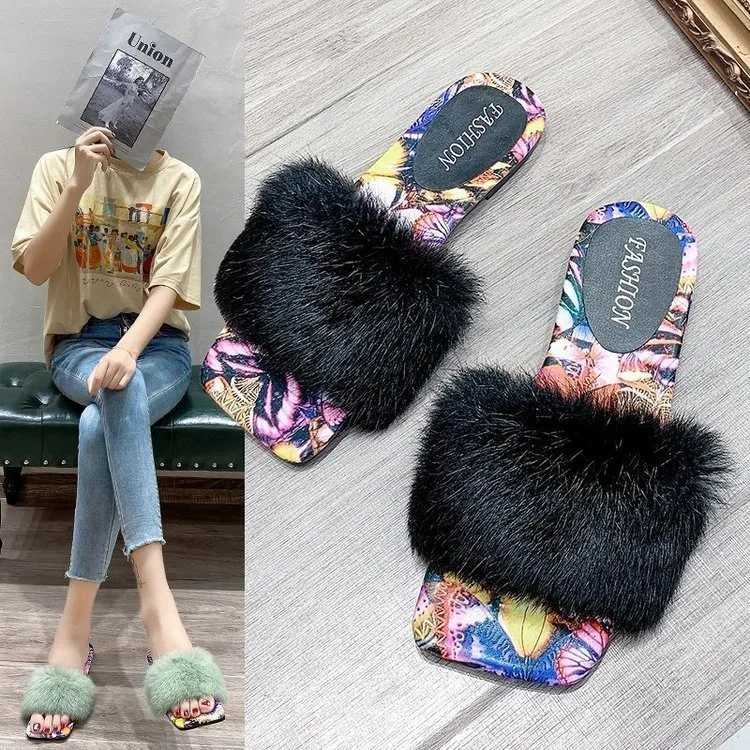 2020 Wholesale Fur Slippers Women Fashion Open Toe Slides Sweet Wind Furry Sandals Slippers