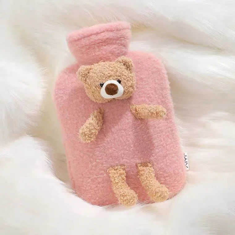Hot Water Bottle Plush Cover Faux Fur Cover with Fluted and Pompon