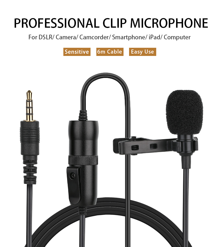High-Quality 6m Condenser Mic Lavalier 3.5mm Mic Clip Microphones