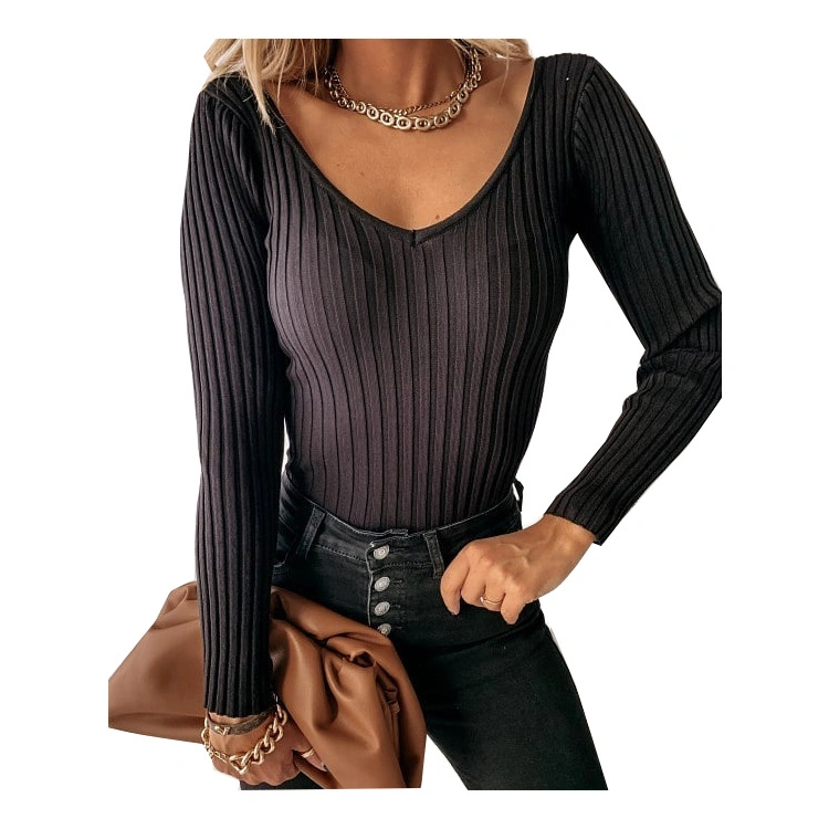 Women's Long Sleeves Tshirts Bodycon Sexy Front Rib Knit Ladies Knitting Top