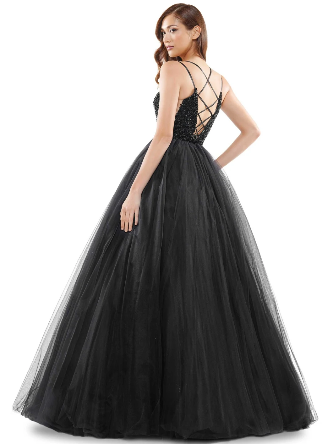 Luxury Beading Prom Dresses Tulle Black Cross Back Pocket Ball Gown Evening Dress