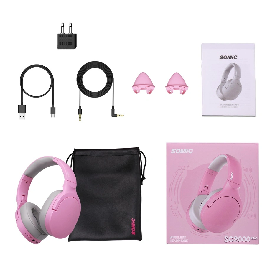 Somic Sc2000 Pink Cat Ear Wireless Bluetooth Gaming Headphones Headset with Microphone Mobile Phone Accessories