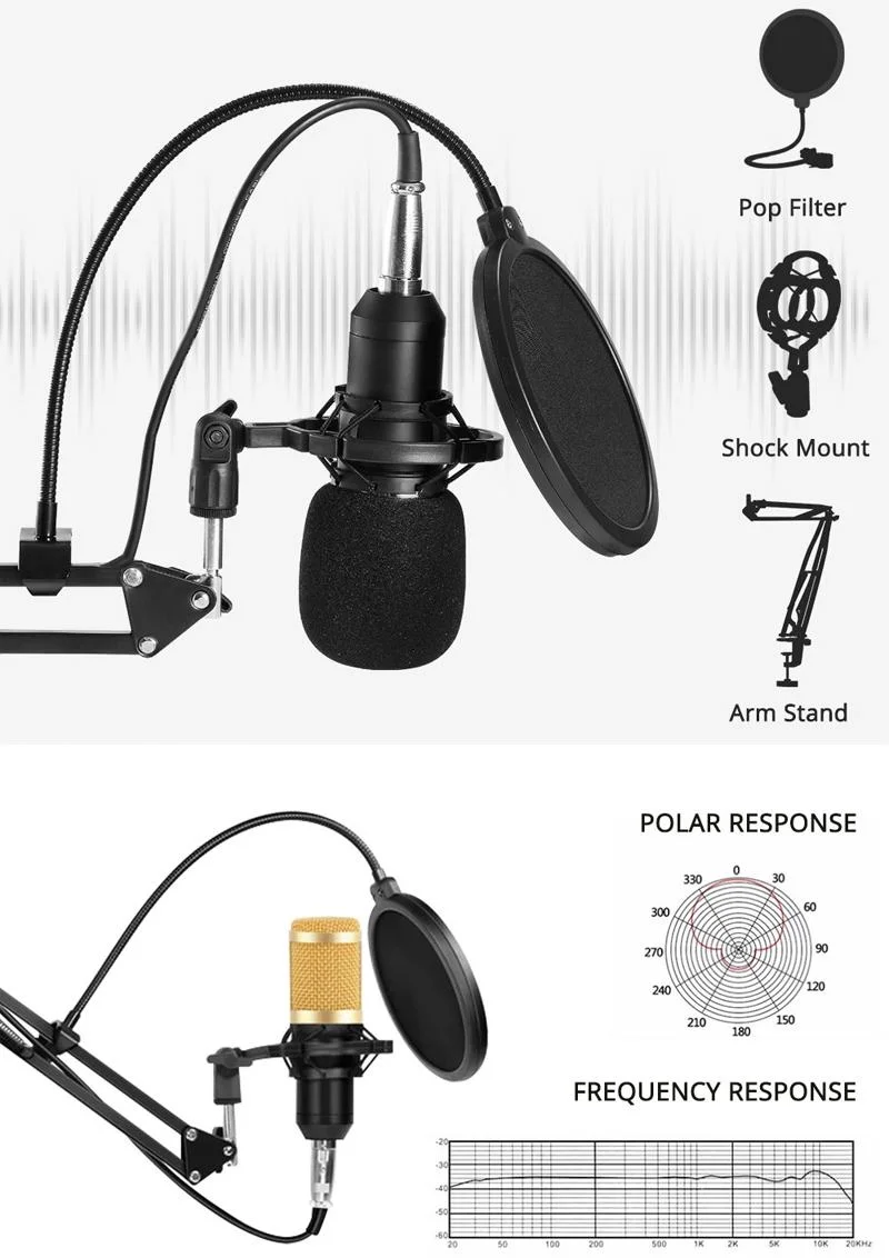 Bm-800 USB Condenser Wired Microphone Stand with Cable Pop Filter Wind Screen for Radio Broadcasting Studio Professional Condenser Microphone Set