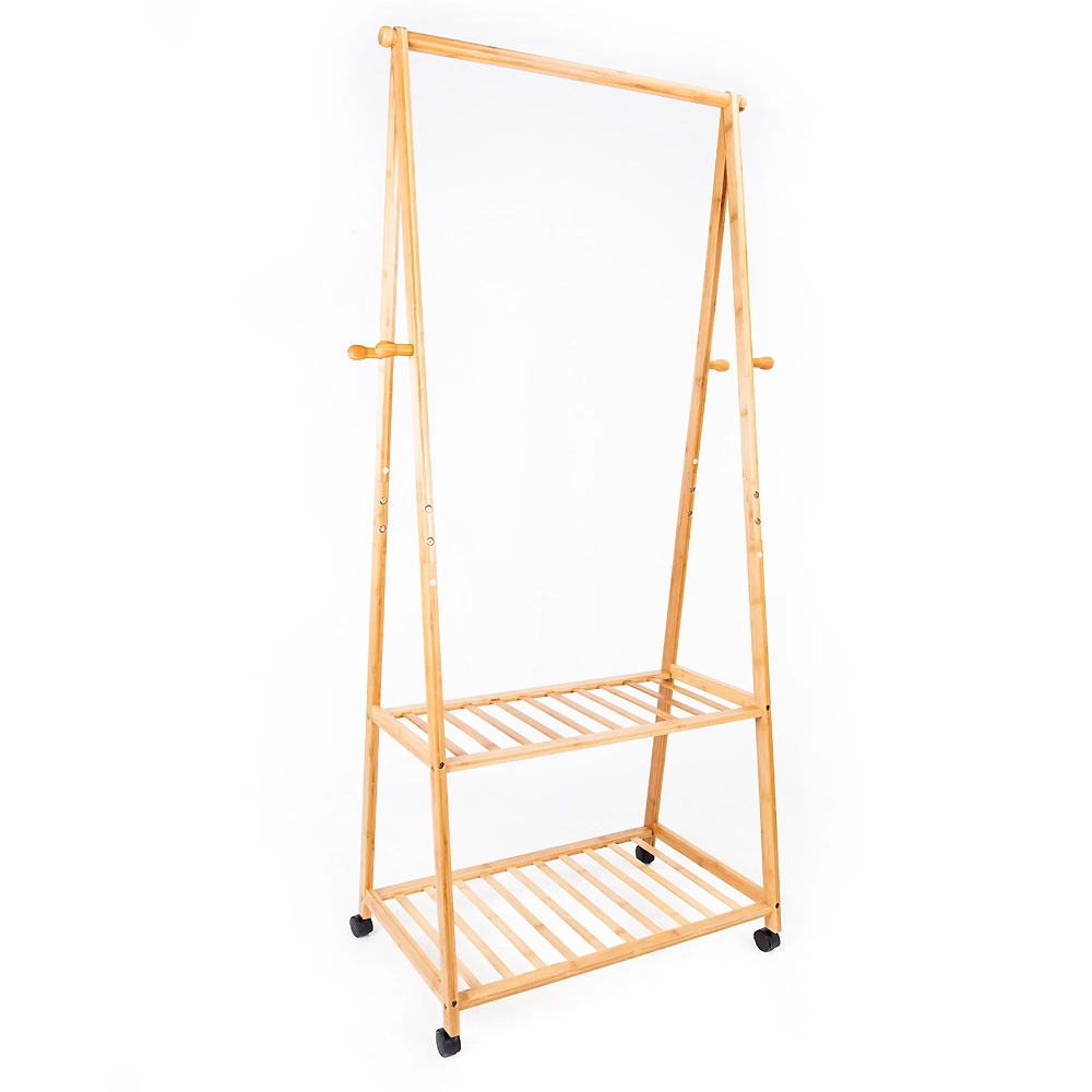 Bedroom Bamboo Frame Garment Rack Cloth Hanger Shelf Wooden Clothing Hanging Clothes Rack with Laundry Basket