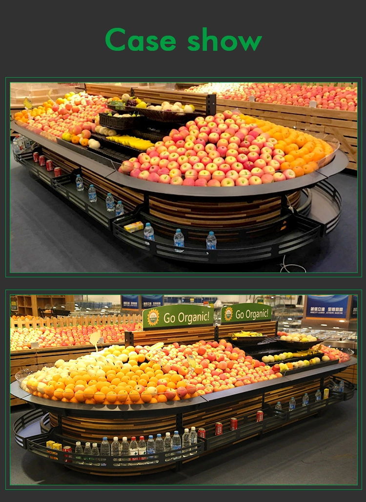 Island Style Steel Frame and Wooden Decoration Supermarket Vegetable and Fruit Display Shelf