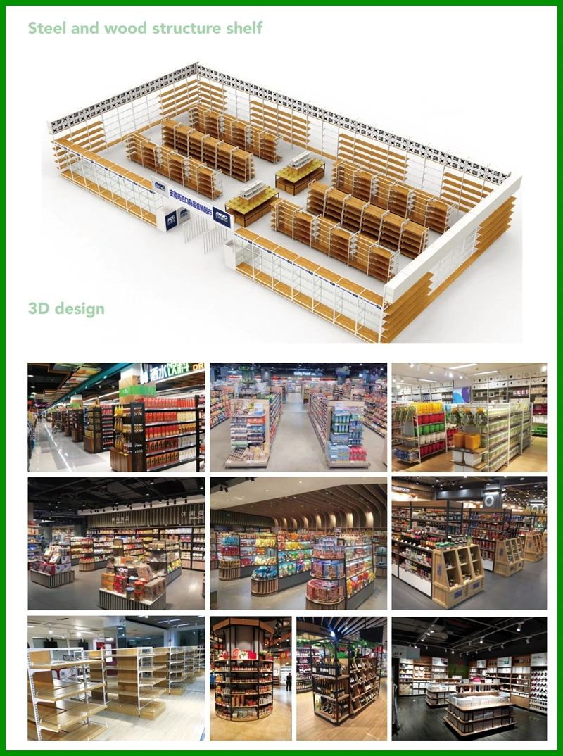 Supermarket Metal Gondola Shelving with Wooden Shelves
