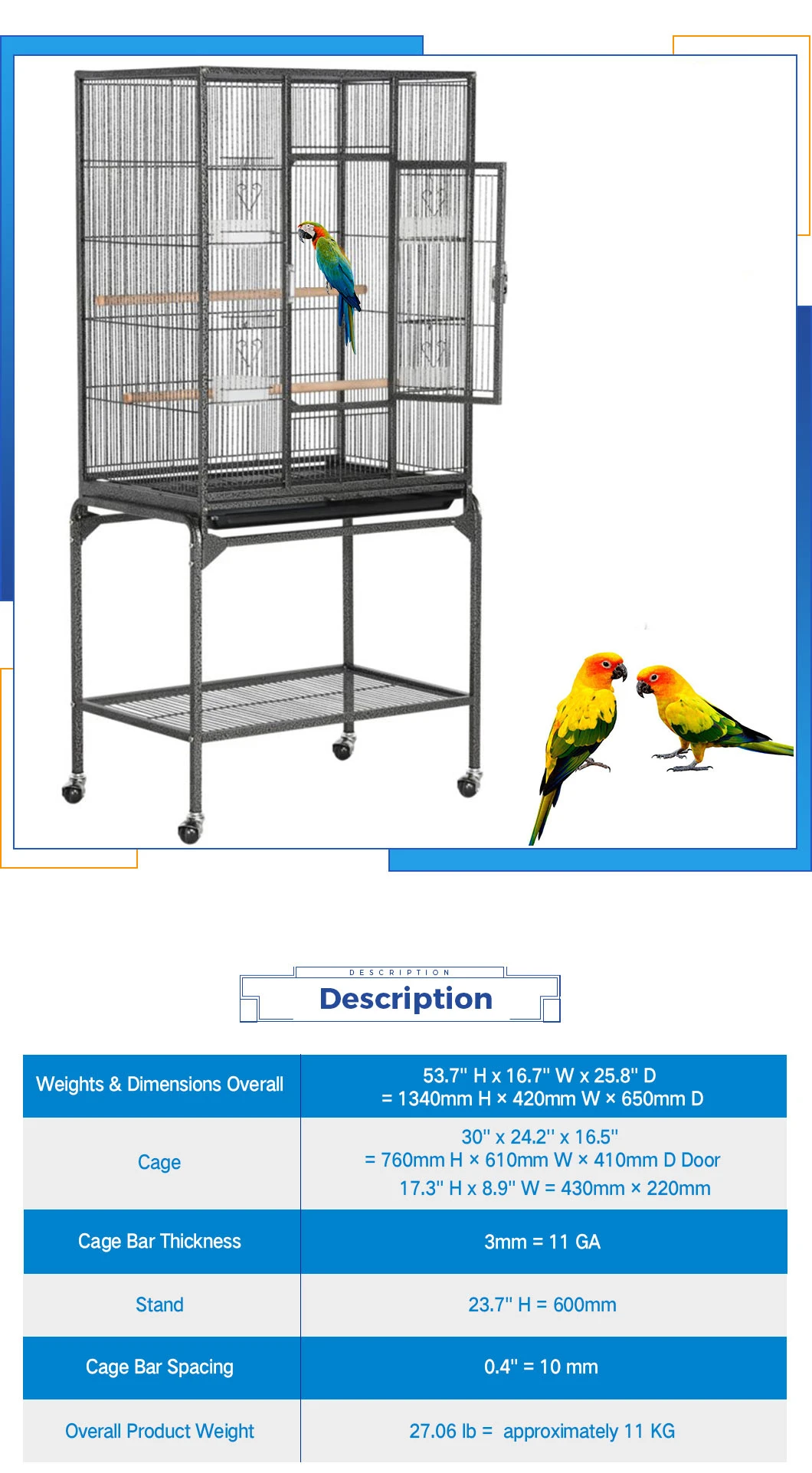 Big Metal Bird Cage, Parrot Cage, Aviary Cage, Breeding Cage, Bird Cage with Wheels