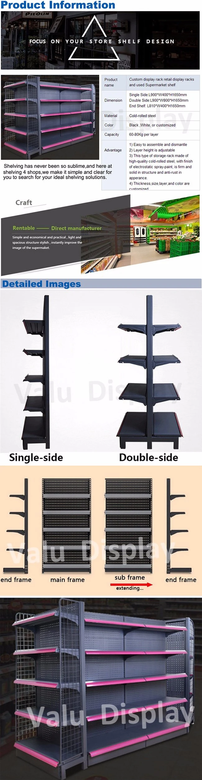 Supermarket Metal Multi Layers Double Sided Gondola Display Shelf with Different Colors