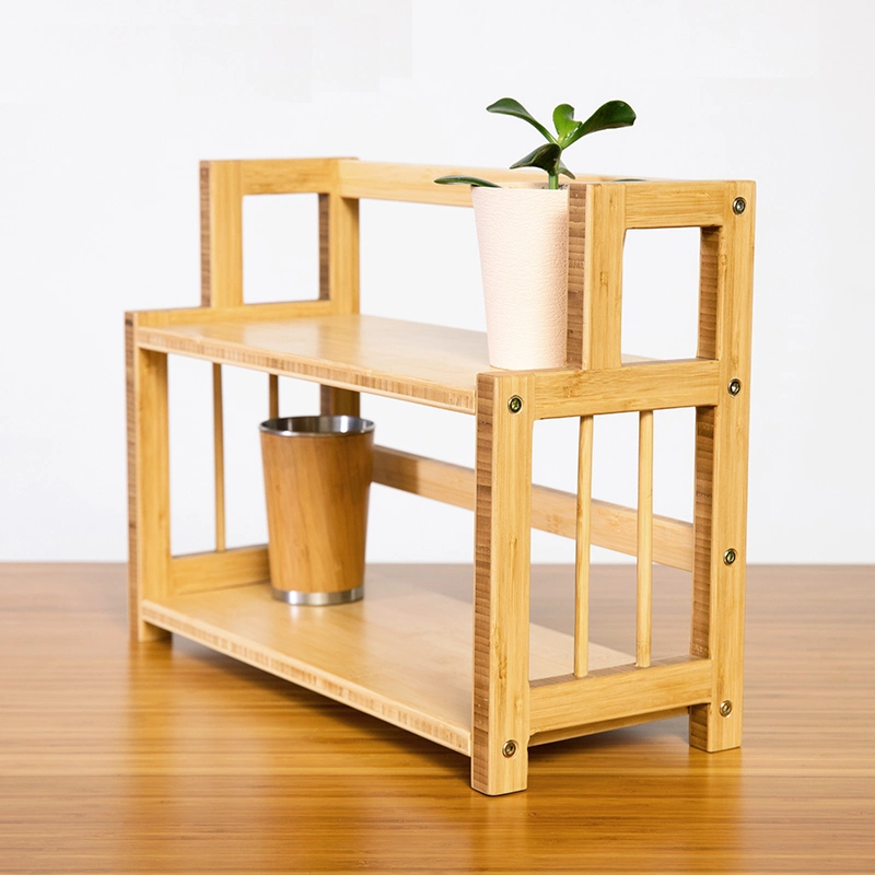 Full Bamboo Cosmetic Shelf on The Ground Two-Layer Removable Storage Shelf