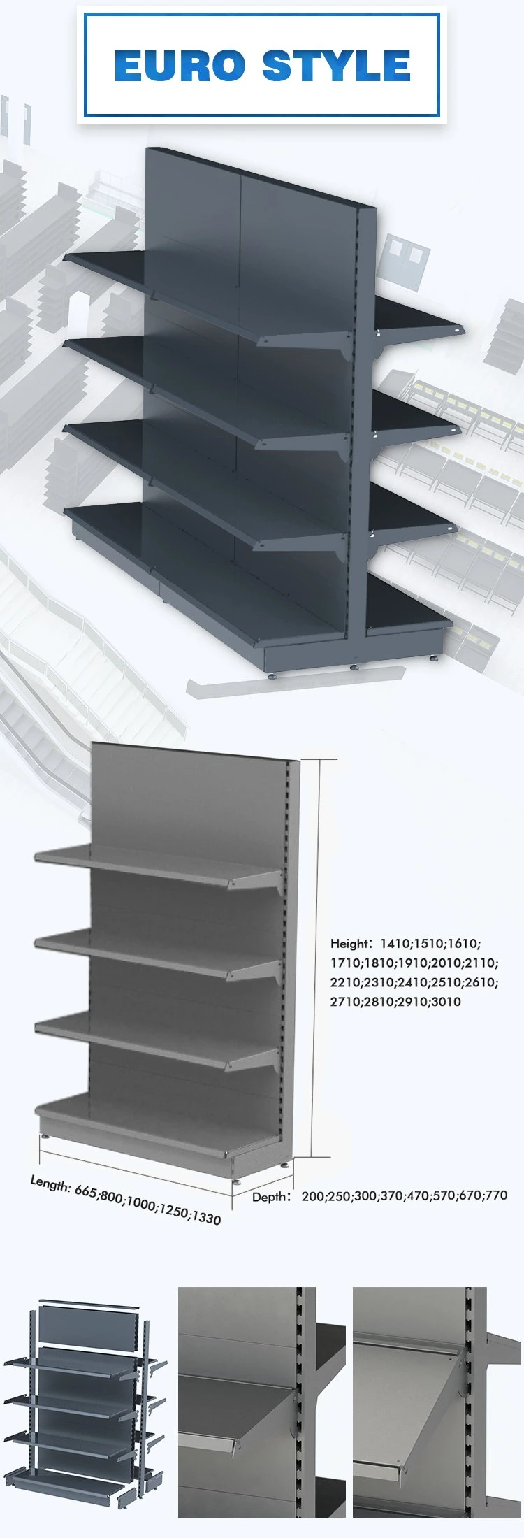 Powder Coated Supermarket Metal Rack Display Stand Gondola Shelving Shelves