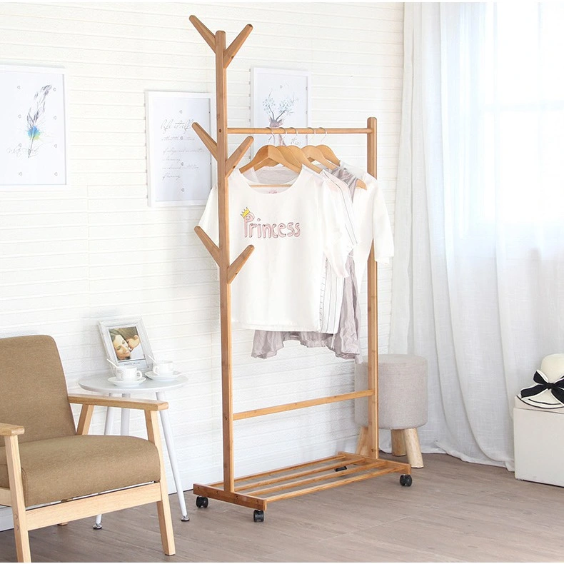 Bedroom Bamboo Frame Garment Rack Cloth Hanger Shelf Wooden Clothing Hanging Clothes Rack with Laundry Basket