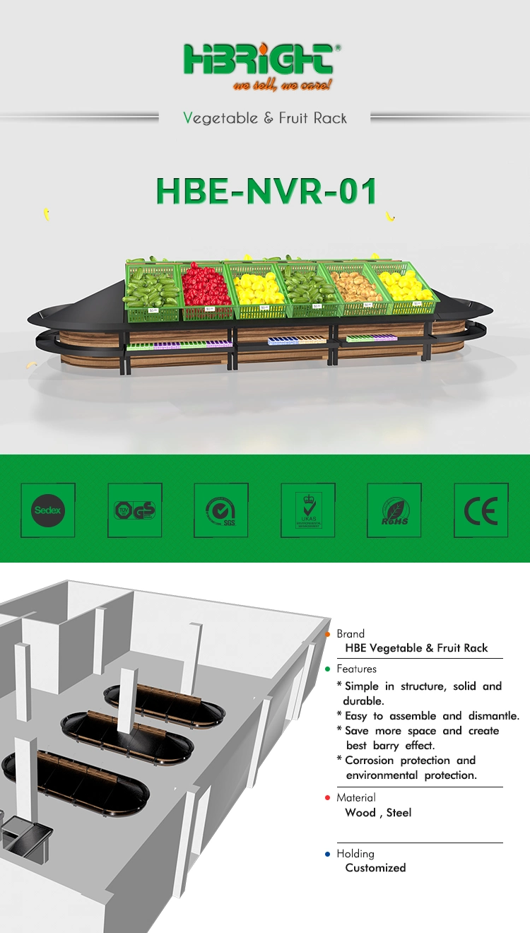 Island Style Steel Frame and Wooden Decoration Supermarket Vegetable and Fruit Display Shelf