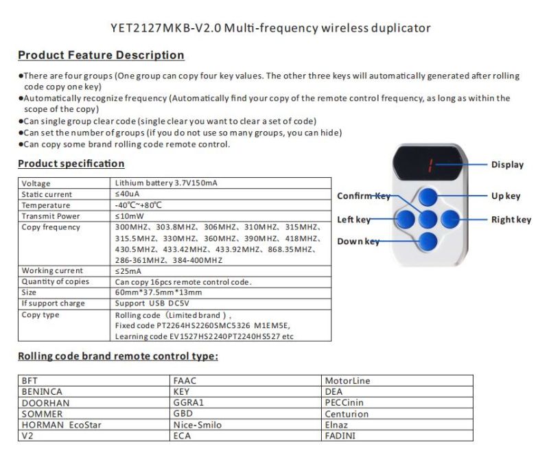 Rechargeable 4 Remotes in 1 Multi Frequency Codes Cloner Duplicator