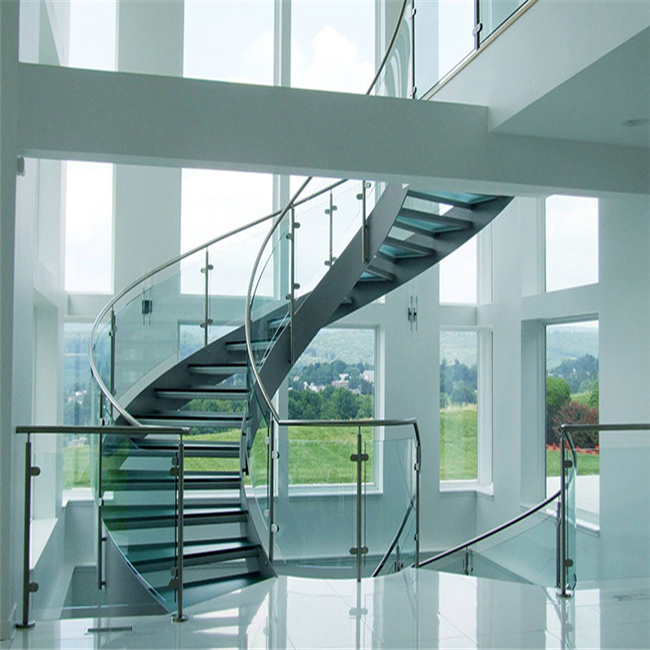 Wrought Rought Curved Stairs Types, Glass Curved Staircase with Railing